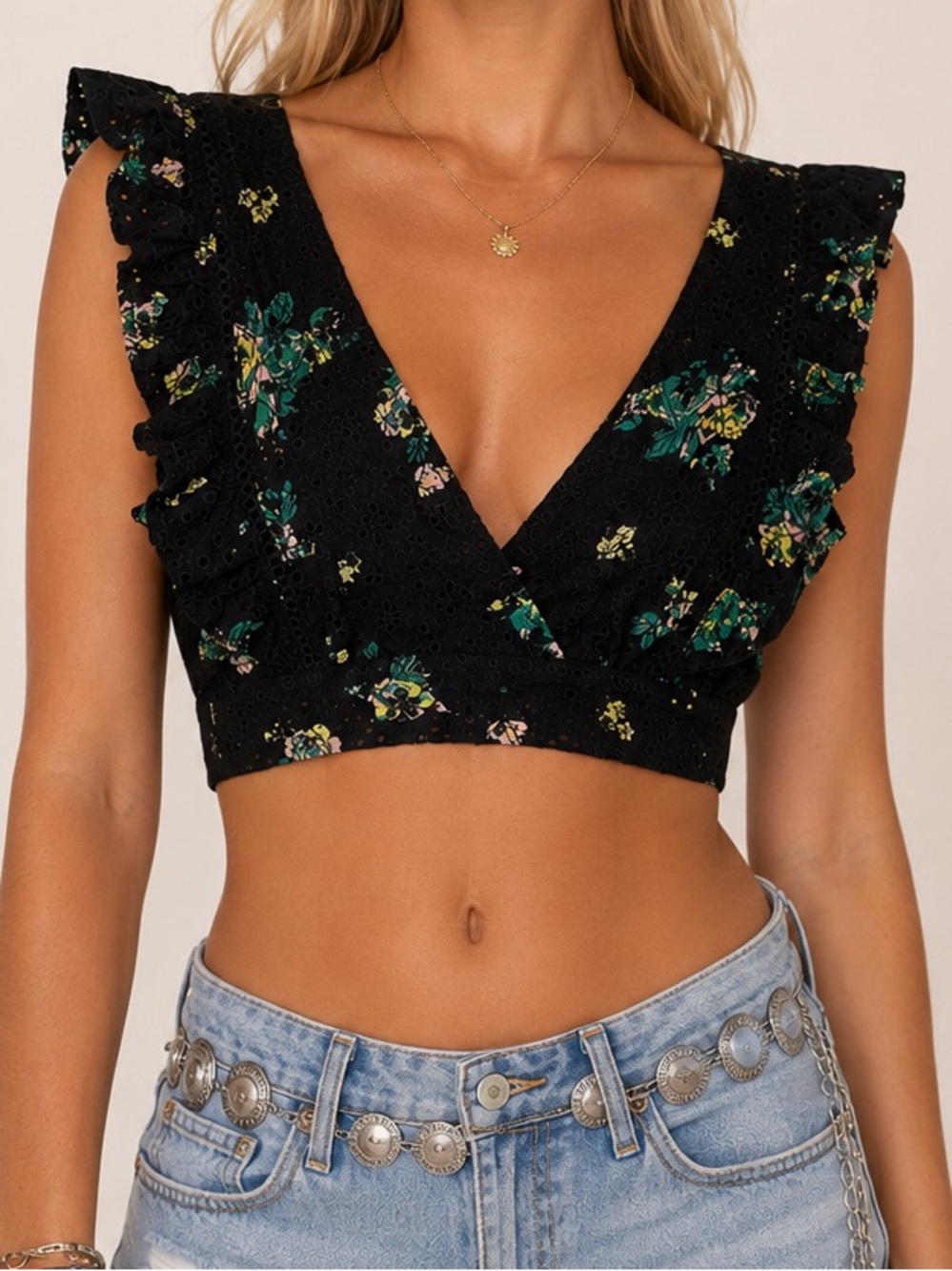 Floral Ruffle Eyelet Bralette Crop Top with Ties